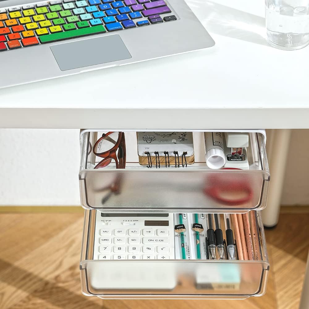 submatches Under Desk Drawer Organizer Slide Out, Hidden Self- adhesive Under Desk Storage Drawer with 2 Layers, Add a Drawer Under Table Storage Pencil Drawer for Office/Classroom/Home, White - Image 2